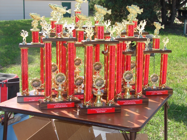 Tournament trophies displayed at the rules meeting/dinner the night before the tournament.